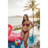 biquíni feminino com bojo e argola no meio calcinha forrado elegacia praia e piscina - marsala