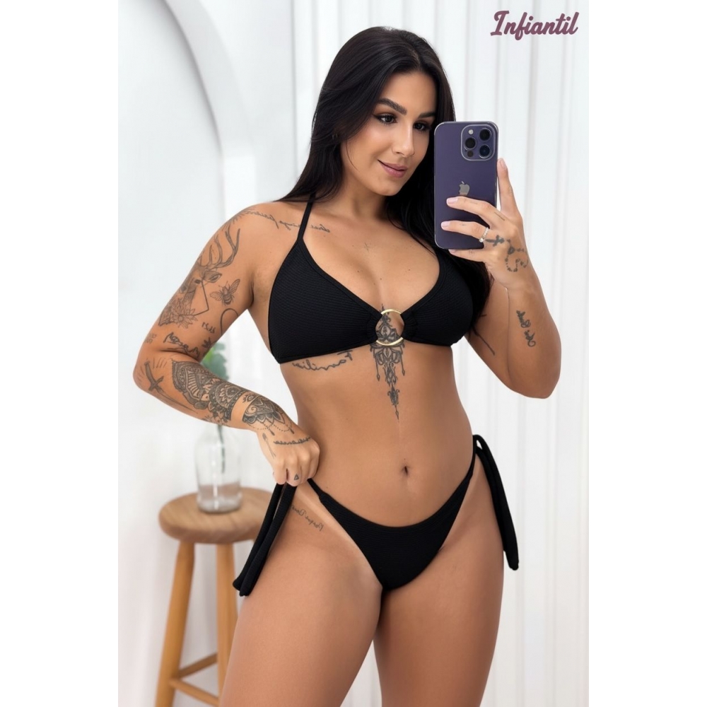 conjunto biquíni com argola moda praia verão - PRETO