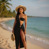 Conjunto Triquini 3 Peças Trikini Cortininha Biquini Fita Regulavel Feminino Saia Tule Verão 2026 - preto