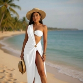 Conjunto Triquini 3 Peças Trikini Cortininha Biquini Fita Regulavel Feminino Saia Tule Verão 2026 - Branco