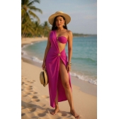 Conjunto Triquini 3 Peças Trikini Cortininha Biquini Fita Regulavel Feminino Saia Tule Verão 2026 - rosa