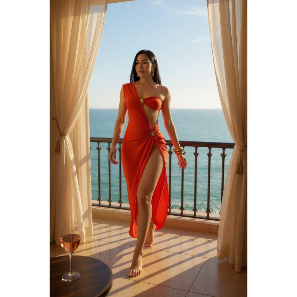 Conjunto Triquini 3 Peças Trikini Cortininha Biquini Fita Regulavel Feminino Saia Tule Verão 2026 - Laranja