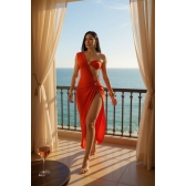 Conjunto Triquini 3 Peças Trikini Cortininha Biquini Fita Regulavel Feminino Saia Tule Verão 2026 - Laranja